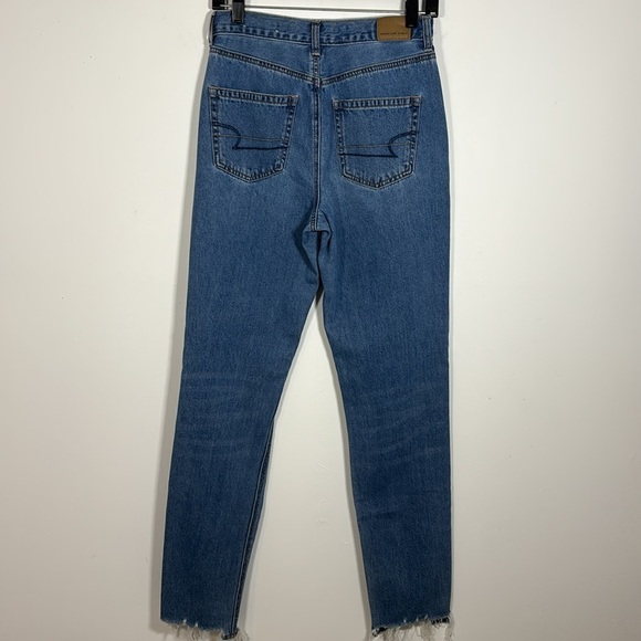 American Eagle Mom Denim Jean 2 XLong Distressed Raw Hem Ripped High Rise - Picture 9 of 10